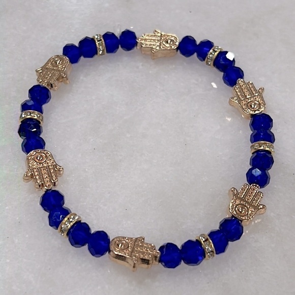 Blue Cobalt Beaded Gold Hand of Fatima (Hamsa) Glass Stretch Bracelet - Picture 1 of 4